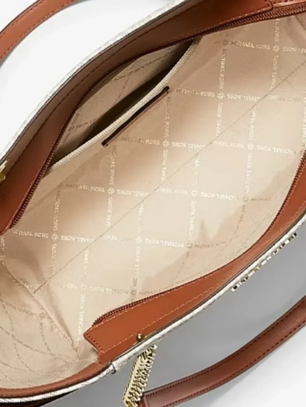 Michael Kors Cream Signature Logo Tote with Brown Trim and Gold Hardware